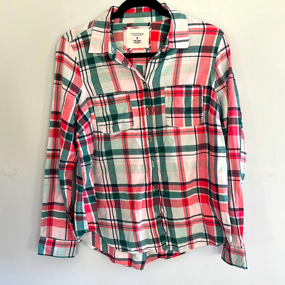 Pink and green button down plaid